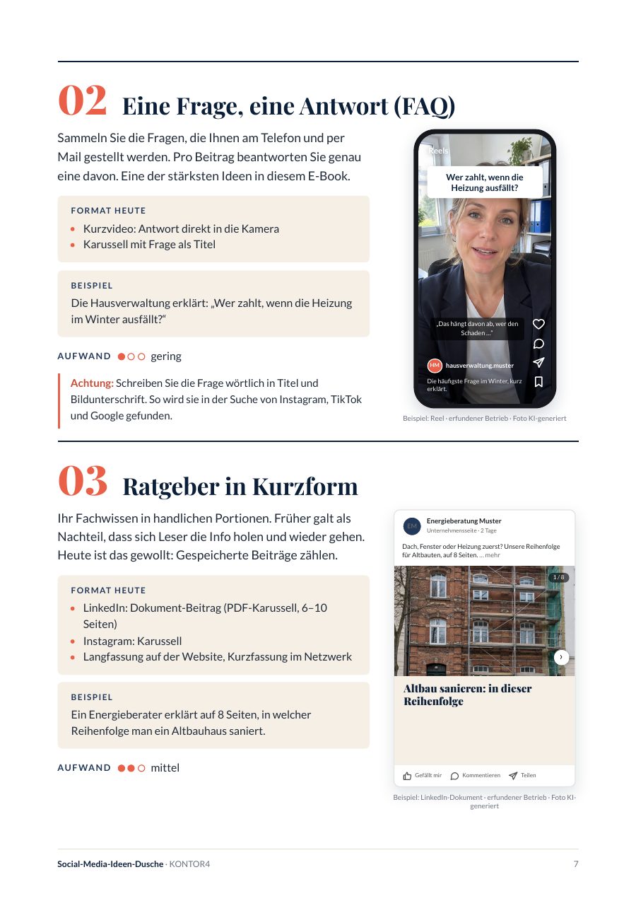 Idee 02 FAQ und Idee 03 Ratgeber in Kurzform, mit Beispielen